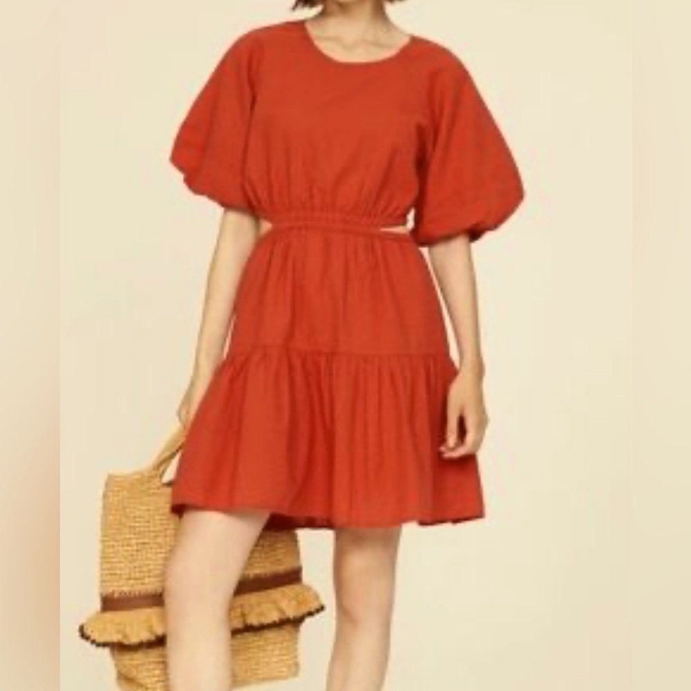 Madewell Rust Orange Seersucker Puff Sleeve Cut Out Mini Dress Coastal Boho Chic
